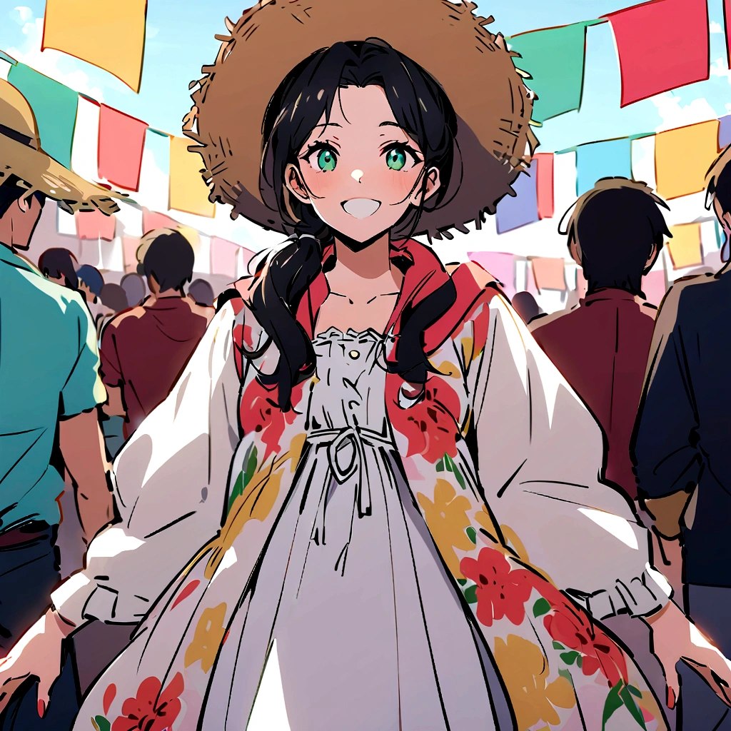 (german woman, age 25, green eyes detailed wavy blonde hair with ponytail , heartthrob style, Grinning, wearing a floral country dress with a straw hat with a scarf on the neck), beside (1womanl, japanese,18-years old, blue eyes, black hair, wearing a floral country dress with a straw hat) at a São João festival with colorful flags in a festival with a small bonfire