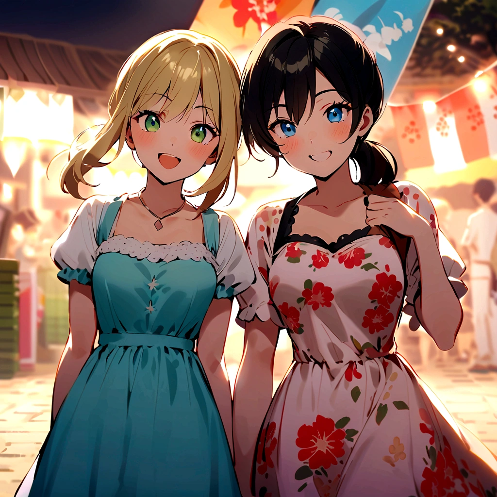 (german woman, age 25, green eyes detailed wavy blonde hair with ponytail , heartthrob style, Grinning, wearing a floral country dress with a straw hat with a scarf on the neck), beside (1womanl, japanese,18-years old, blue eyes, black hair, wearing a floral country dress with a straw hat) at a São João festival with colorful flags in a festival with a small bonfire