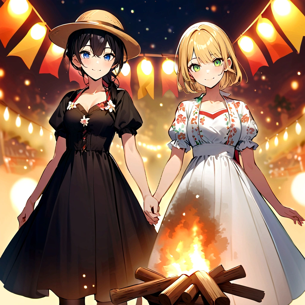 (german woman, age 25, green eyes detailed wavy blonde hair with ponytail , heartthrob style, Grinning, wearing a floral country dress with a straw hat with a scarf on the neck), beside (1womanl, japanese,18-years old, blue eyes, black hair, wearing a floral country dress with a straw hat) at a São João festival with colorful flags in a festival with a small bonfire