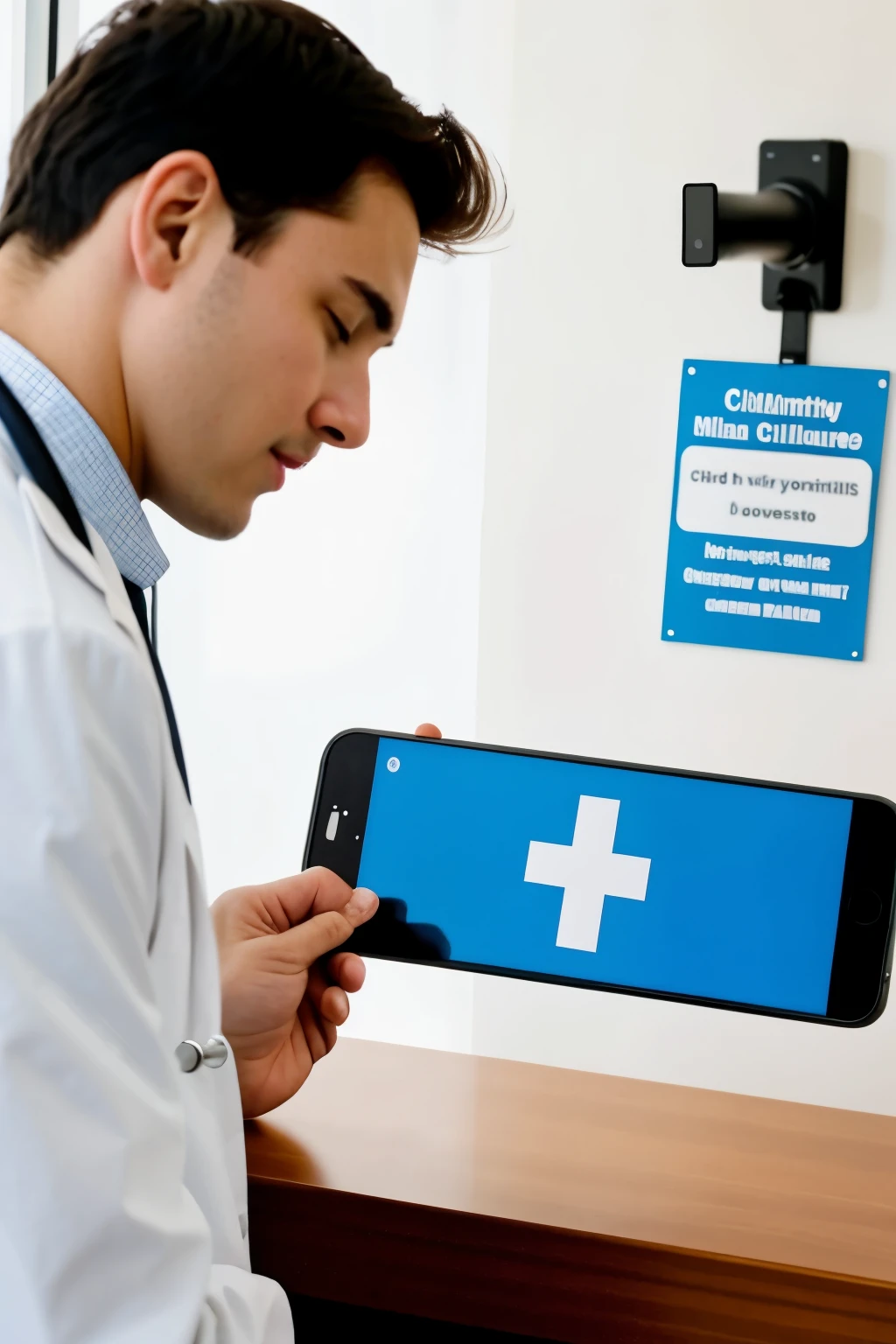 a doctor in a clinic with a sign prohibiting the use of phones and making recordings