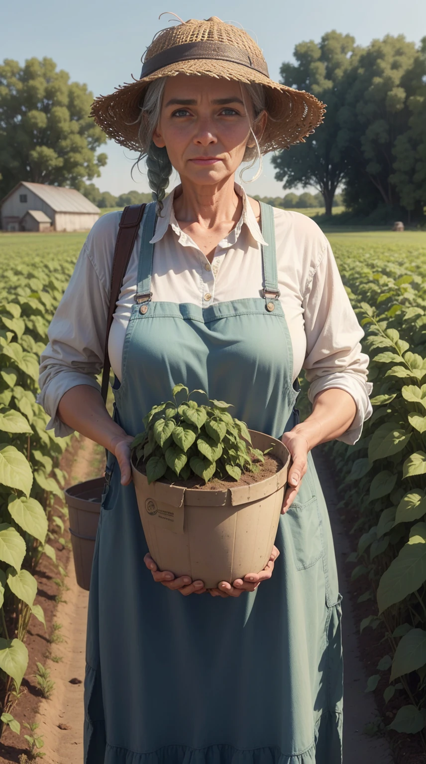 An old farmer in a dystopian future, struggling to produce food on the farm, Controlled by large corporations, We have to deal with chemical pesticides and a lack of natural resources, Dreaming of simpler, more sustainable times.