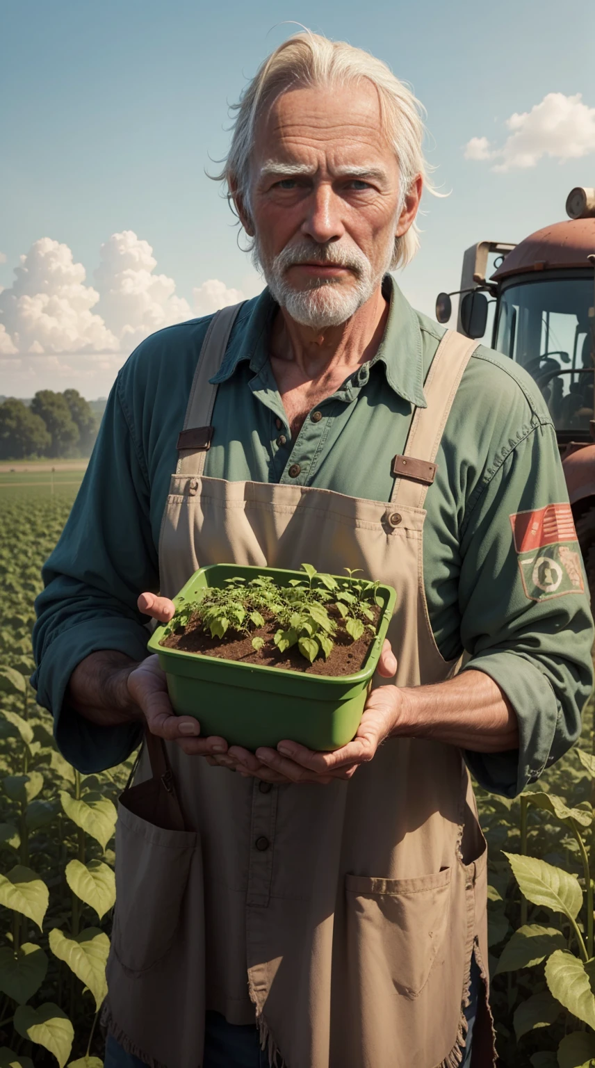 An old farmer in a dystopian future, struggling to produce food on the farm, Controlled by large corporations, We have to deal with chemical pesticides and a lack of natural resources, Dreaming of simpler, more sustainable times.