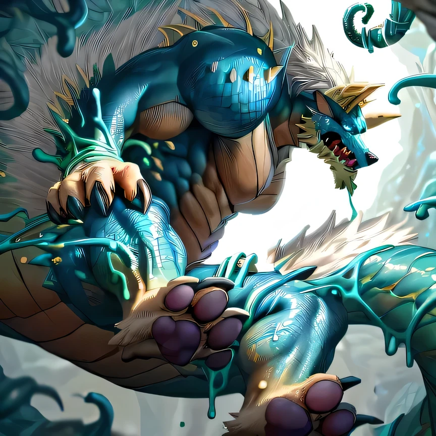 anthropology,(zinogre:1.2),Tail,((whole body,blue eyes, Blue body, White furry, Yellow Hand, Feet, Blue face,4 toes,Tail )),,muscular, whole body, (author:null-ghost,From raccoon21,masterpiece,high quality), Night Fight,((boundary)), rest (((Slime monster uses tentacles to fight dragon)),4 toes,struggle, (pain:1.3),frown,annoyed, Worry,full body,pawpads,