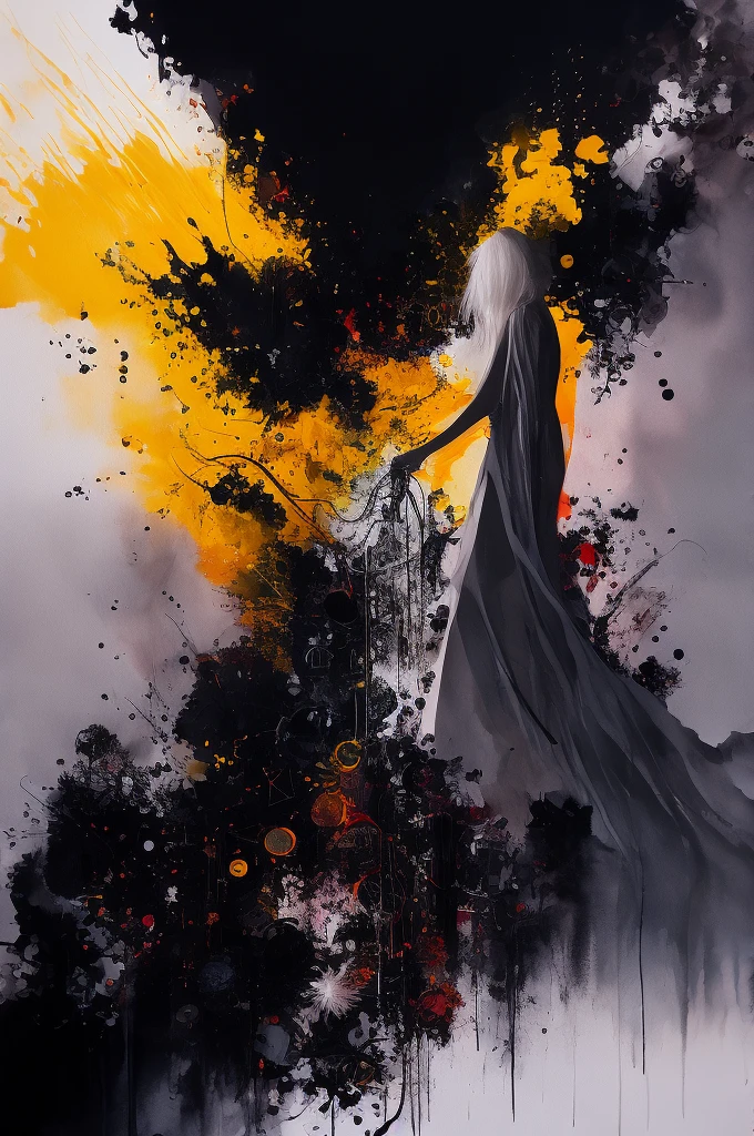 Colorful beautiful full body shot of a woman walking towards the lens: Black ink flow: 8k resolution photorealistic masterpiece: by Aaron Horkey and Jeremy Mann: intricately detailed fluid gouache painting: by Jean Baptiste Mongue: calligraphy: acrylic: watercolor art, professional photography, natural lighting, volumetric lighting maximalist photo illustration: by marton bobzert: 8k resolution concept art intricately detailed, complex, elegant, expansive, fantastical, Color palette of grey to red and yellow to black,