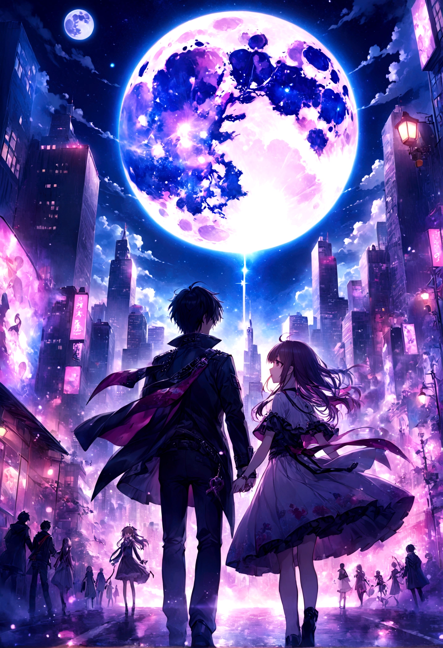 Anime couple in the city at night on full moon.、beautiful fantasy anime、epic light novel art cover、anime fantasy illustrations、Dreamy punk romanticism artwork、epic light novel cover、アニメkey art、key art、2。5 d CGIanime fantasy illustrations、anime art wallpaper 4k、anime art wallpaper 4k、8K Animated Art Wallpaper、Clave visual