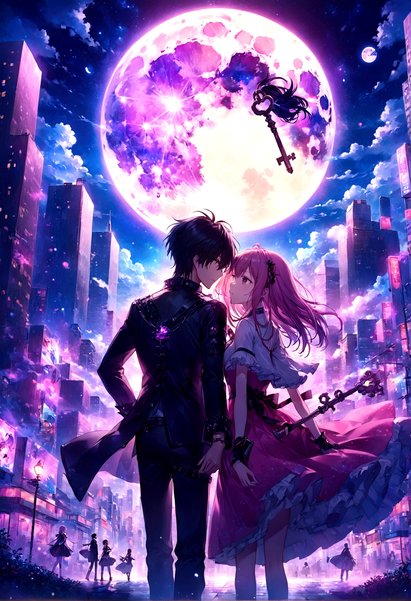 Anime couple in the city at night on full moon.、beautiful fantasy anime、epic light novel art cover、anime fantasy illustrations、Dreamy punk romanticism artwork、epic light novel cover、アニメkey art、key art、2。5 d CGIanime fantasy illustrations、anime art wallpaper 4k、anime art wallpaper 4k、8K Animated Art Wallpaper、Clave visual