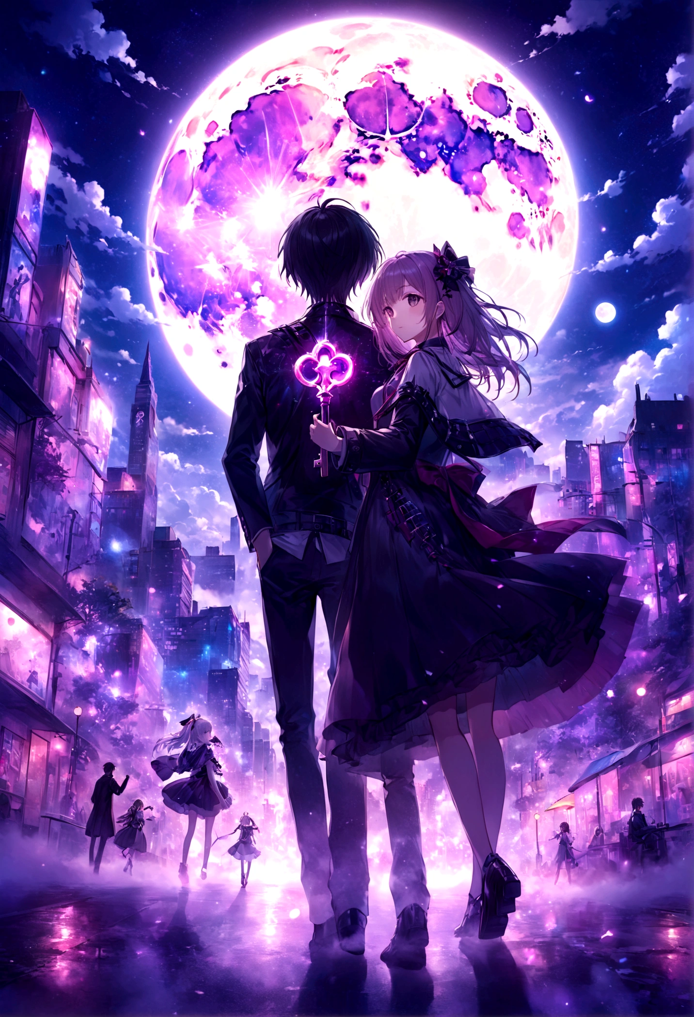 Anime couple in the city at night on full moon.、beautiful fantasy anime、epic light novel art cover、anime fantasy illustrations、Dreamy punk romanticism artwork、epic light novel cover、アニメkey art、key art、2。5 d CGIanime fantasy illustrations、anime art wallpaper 4k、anime art wallpaper 4k、8K Animated Art Wallpaper、Clave visual