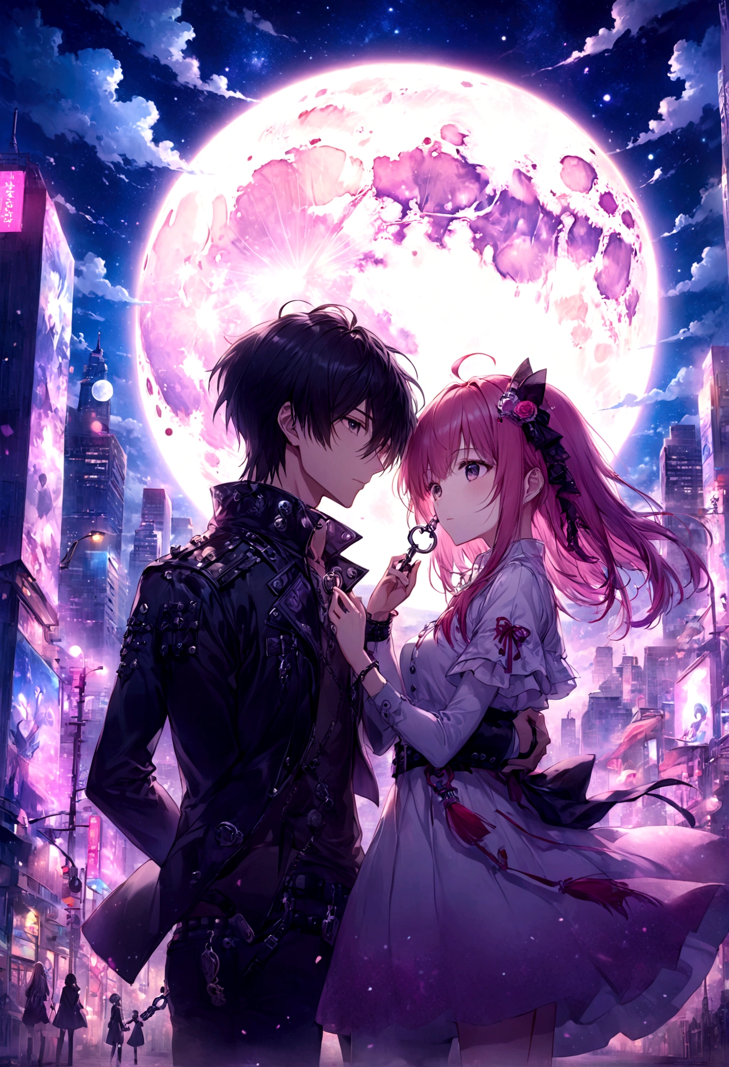 Anime couple in the city at night on full moon.、beautiful fantasy anime、epic light novel art cover、anime fantasy illustrations、Dreamy punk romanticism artwork、epic light novel cover、アニメkey art、key art、2。5 d CGIanime fantasy illustrations、anime art wallpaper 4k、anime art wallpaper 4k、8K Animated Art Wallpaper、Clave visual