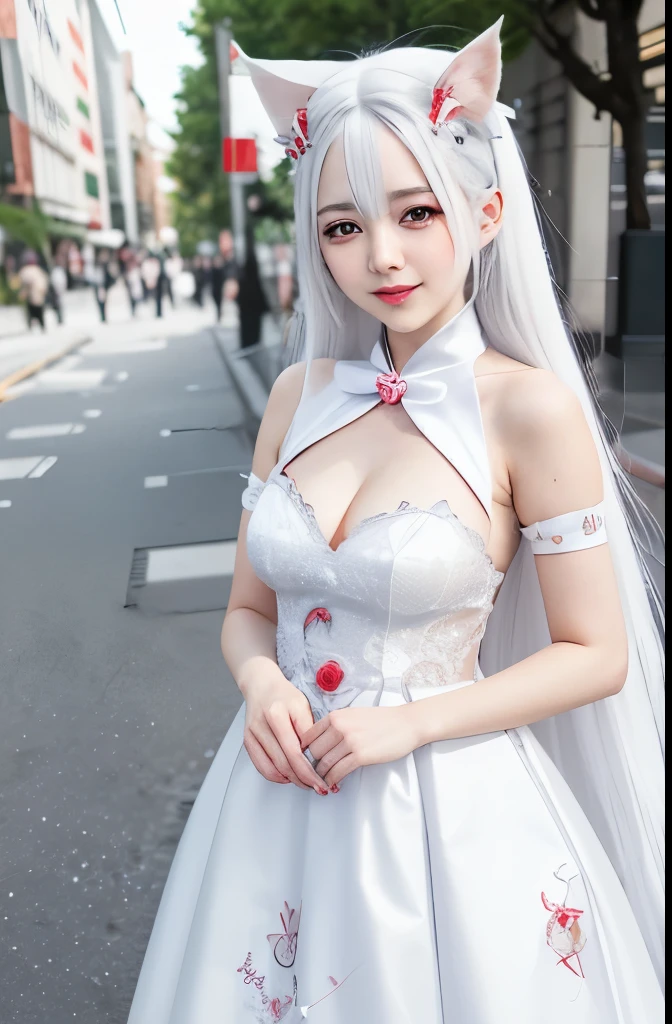 there is a woman with a white dress and a red rose in her hair, anime cosplay, anime girl cosplay, cosplay photo, anime style mixed with fujifilm, cosplay, white haired deity, a beautiful kitsune woman, cosplayer, white cat girl, girl silver hair, nekomimi, anime girl in real life, ayaka cosplay, white hime cut hairstyle