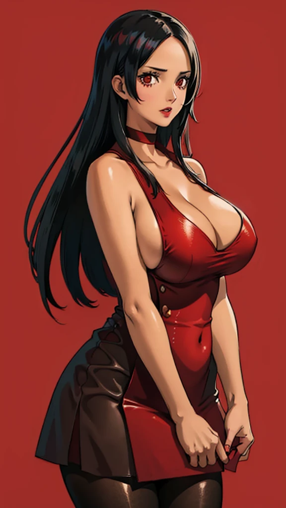 1girl, milf, large face, red eyes, long hair, forehead, black hair, straight hair, black choker, huge breast, red dress, lipstick thicc legs, pantyhose, cowboy shot