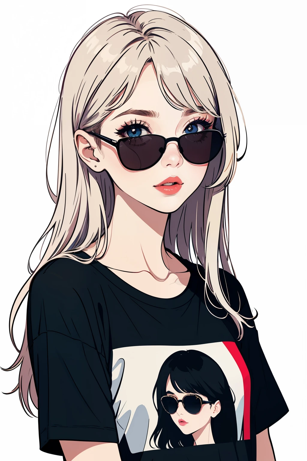 Graphic tshirt vector of a cute girl, wearing sunglasses, detail design, colorful, contour, white background