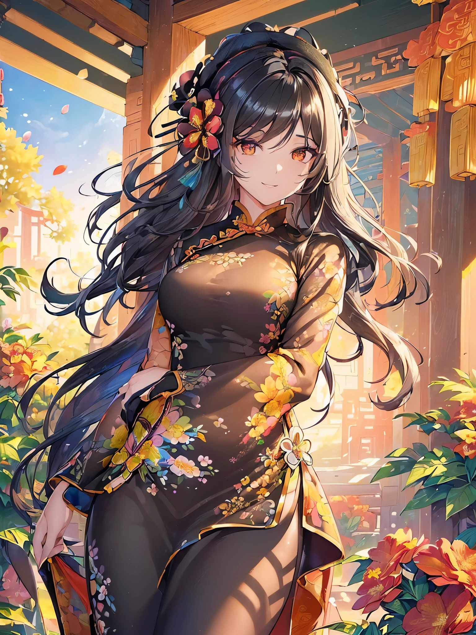 ((Highest quality)),(Ultra-high resolution),(Ultra-detailed new),(Detailed Description),((The best CG)),(masterpiece),Highly detailed art,A wonderful new art form,(Art with precise details:1.5), (Lady:1.4),(A colorful and detailed Chinese dress:1.7),(Beautiful and well-proportioned face:1.6),(Smile:1.4),(Shiny black hair:1.9),(Intricately detailed and shiny ornaments:1.4),(Taoyaka:1.5),(Supple:1.5), (Colorful flowers々:1.7), (The wind blowing through:1.5), (Gentle sunlight:1.6), Fantasy:1.6,