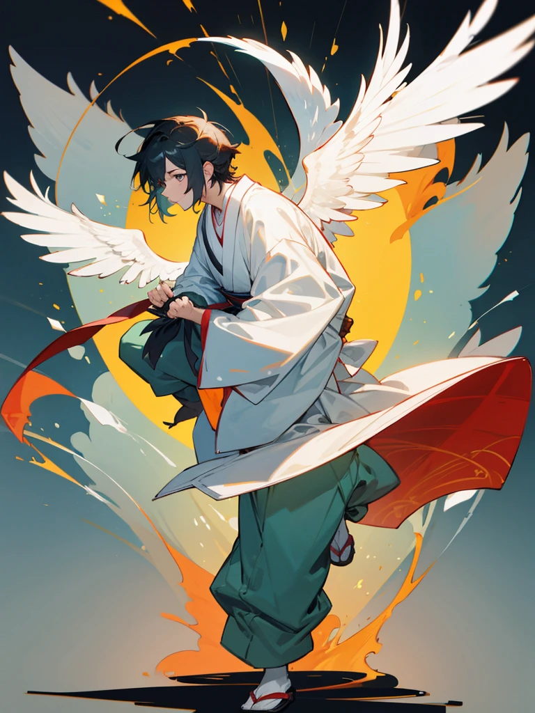Japanese shirt, off shoulder ciat, long pants, male, full body, wing