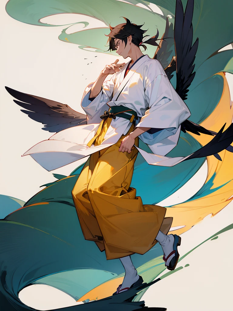 Japanese shirt, off shoulder ciat, long pants, male, full body, wing