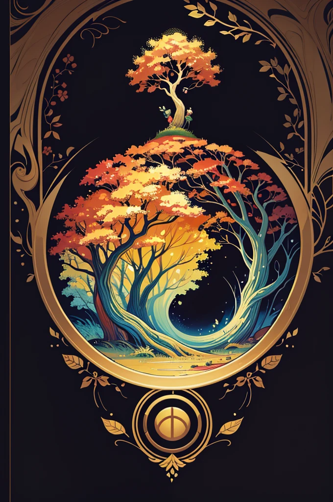 circular tree,four seasons,spring,summer,autumn,winter,leaves,roots,branches,trunk,ornate border,decorative,digital illustration,artwork,movement,time,swirling background,dark background,vibrant colors,natural,life cycle,growth,change,nature,life,peace,harmony,spirituality,symbolism,digital art,illustration,painting,graphic design,art,design,digital media,online art,visual art,fine art,fantasy
