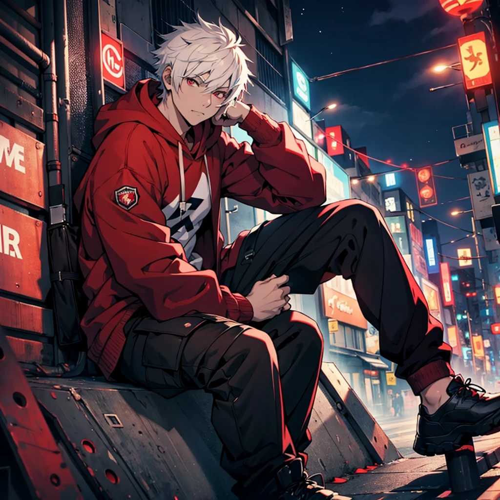 Male anime boy , short white hair, red eyes, more details on face and eyes, wearing red hoodie, black cargo pants, sitting, city, night, absurdres, high res, ultrasharp, 8K, masterpiece, looking at viewer
