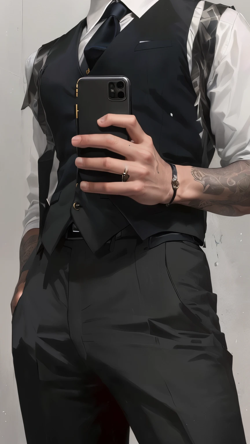 there is a man in a vest and tie holding a cell phone, wearing a vest y una corbata, androgynous, highly aesthetic, well dressed, medium shot of a handsome man, fine - detailed costume, well dressed, no shirt under vest, Full body photo, mid rise waist up, androgynous person, wearing a vest