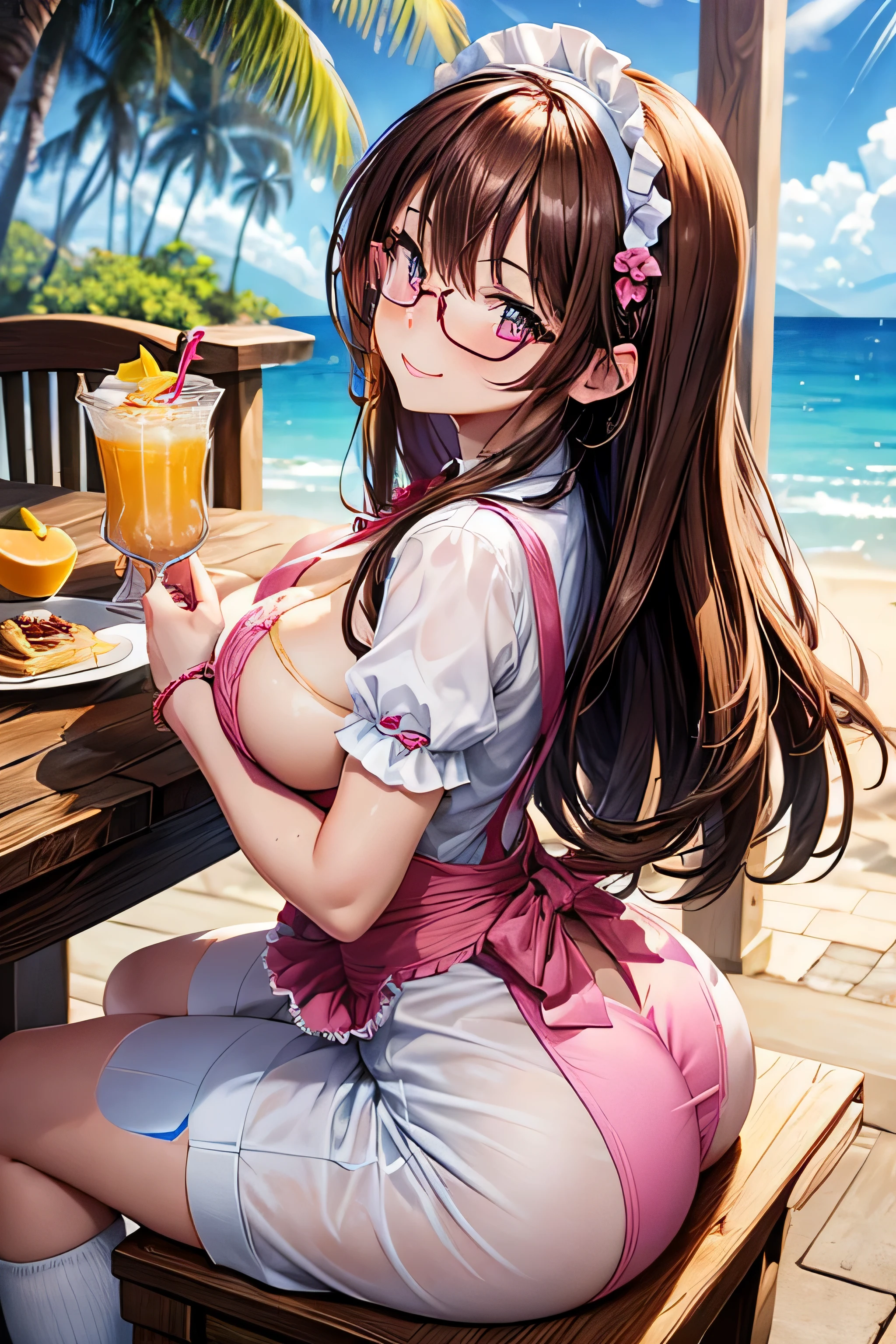 High resolution, high quality, One girl, Anime Girls, Brown long hair, Brown eyes, Pink Glasses,heart shaped pupils,Sunburned skin, Super big breasts,beautiful breasts,pointy breasts,(Big Ass),pink waitress,Soft cream,Shortcake,pancake,parfait,Pudding,Banana smoothie,orange juice,Mango juice,Sit on a chair,smile,at flower garden,morning glory,