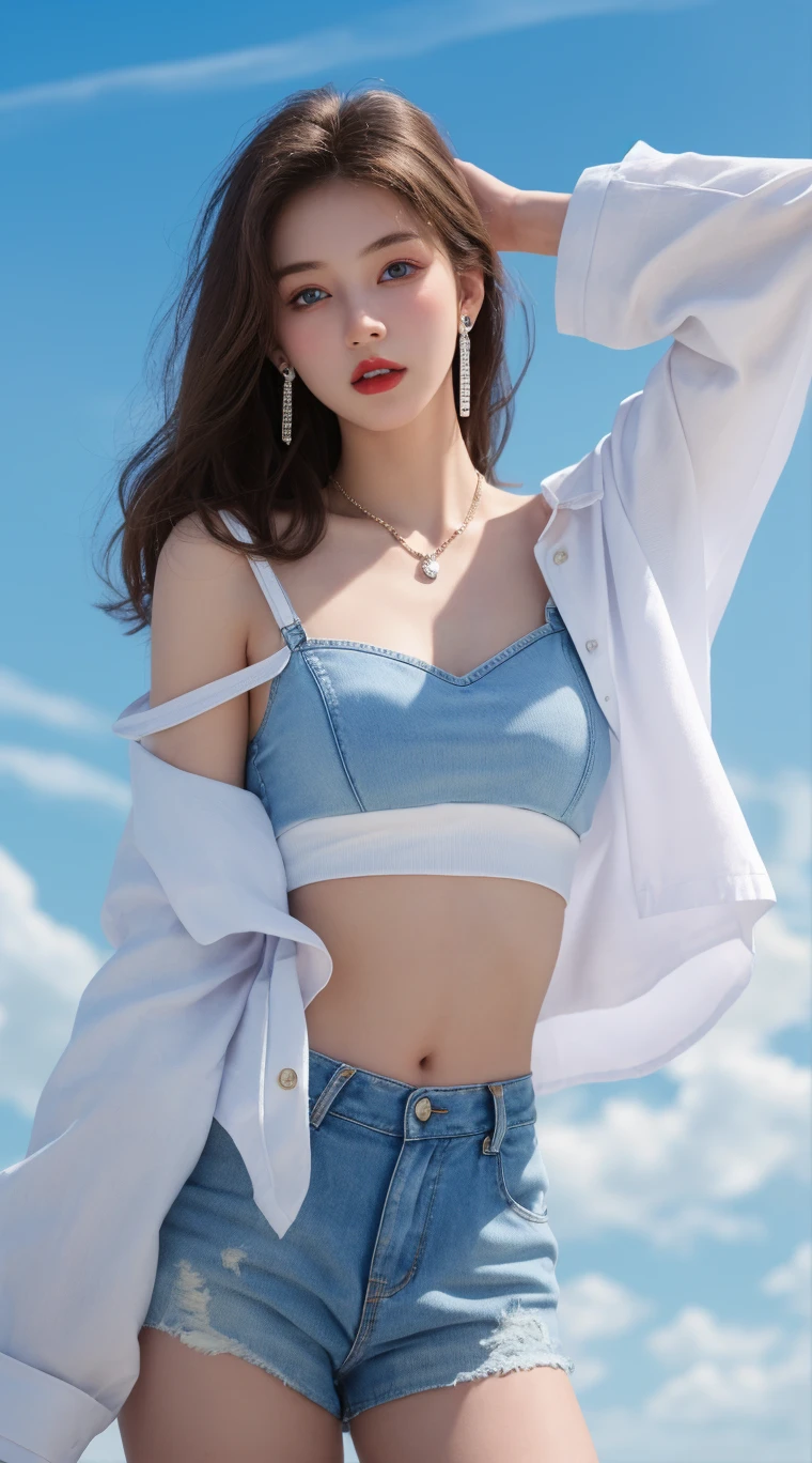 (1girl:1.3), solo,_Kim Ji-ni Jennie face,Wear a royal blue armband sweater,Short model,White bandeau inside,blue shorts,,sex appeal,cuteness,white legwear,White wall,,full-body photo,looks at the viewer,World-weary face,Indifferent eyes,Korean style