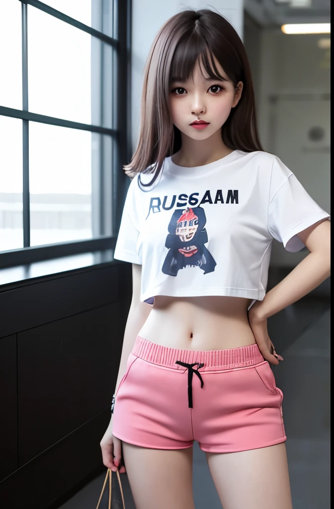 Beautiful, 1girl, russia, small breast, oversize crop tshirt, shortpants, hotpants