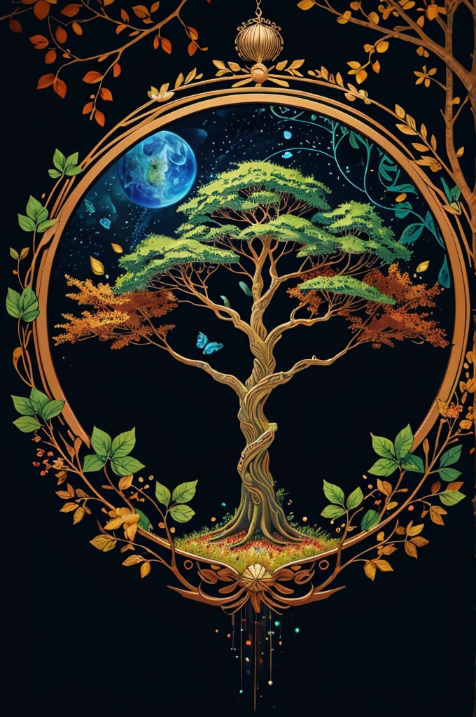 circular tree,four seasons,spring,summer,autumn,winter,leaves,roots,branches,trunk,ornate border,decorative,digital illustration,artwork,movement,time,swirling background,dark background,vibrant colors,natural,life cycle,growth,change,nature,life,peace,harmony,spirituality,symbolism,digital art,illustration,painting,graphic design,art,design,digital media,online art,visual art,fine art,fantasy