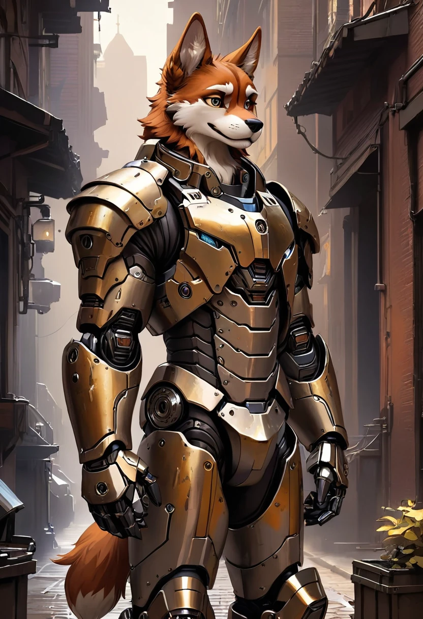 furry character, full body, fox, 1boy, detailed background, 8K, (masterpiece:1.5), intricate details, highly detailed, extreme detail, octane render, fine art, best quality, highres, (detailed face:1.5), ((full_body)), UHD, (((perfect hands))),looking at viewer, ArtemisiaXL, armor suit