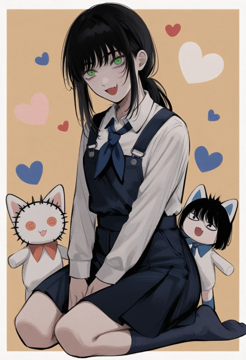 chainsaw man, mitaka asa, yoru (chainsaw man), 1girl, :d, > <, black hair, blue neckerchief, blue skirt, blue socks, border, choppy bangs, fang, green eyes, heart, neckerchief, open mouth, overall skirt, ponytail, , seiza, shirt, sitting, skin fang, skirt, smile, socks, stuffed toy, two-tone background, white border, white shirt, yellow background

