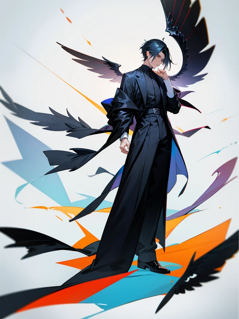 Black shirt, off shoulder coat, long pants, male, full body, wing