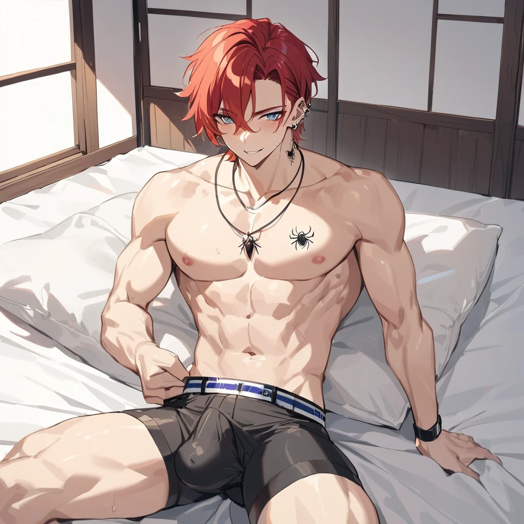 1 cute male,  looking at the camera, horny face, Long Red Hair to Chest Length, blue eye, Piercing na Boca, wearing no shirt, Athletic Belt, lying in the bed, japanese house , Handsome boy, hot body, wearing no shirt, black neck necklace, Athletic Belt, bulge Black Sexy Underwear, Erect penis out of underwear, masturbating, cute male, wearing no shirt, Athletic Belt, , cute boy) hot body, spider tattoo on neck.