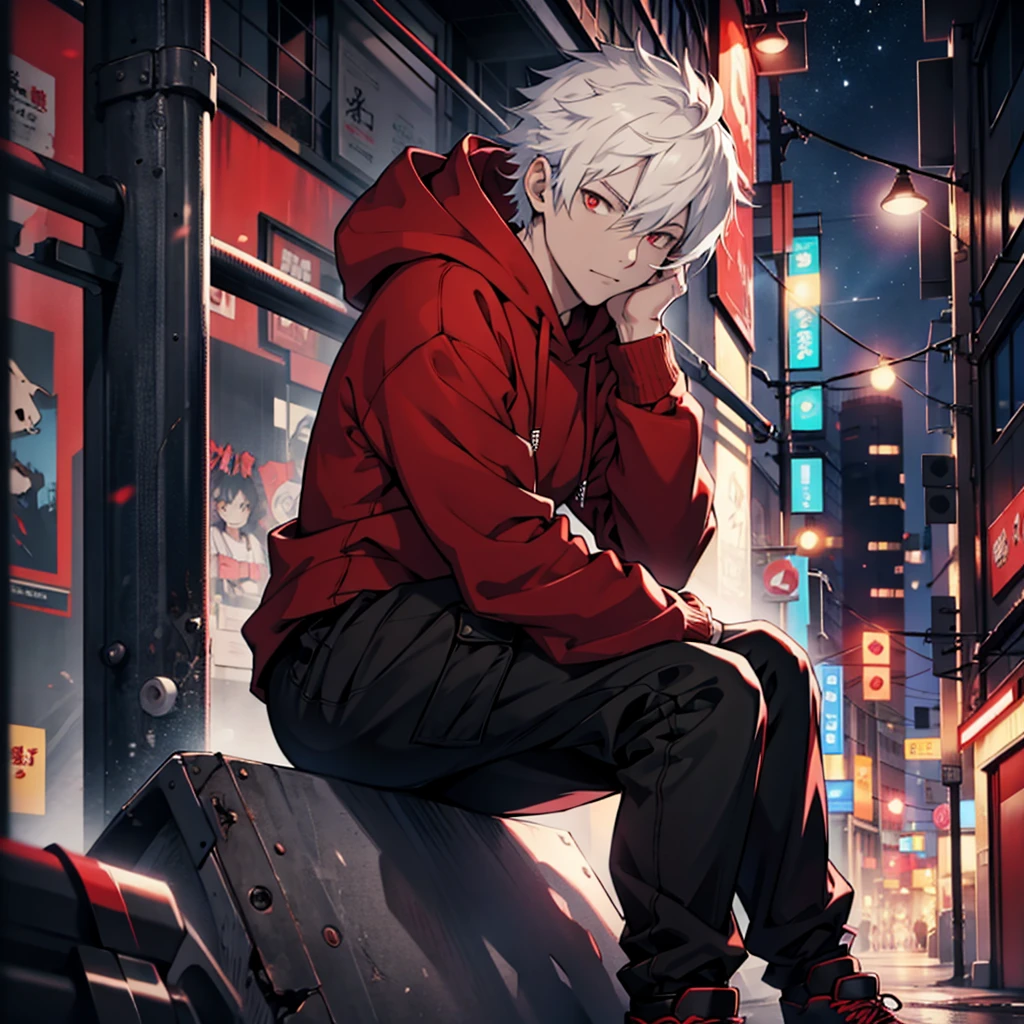 1 Male anime boy , short white hair, red eyes, more details on face and eyes, wearing red hoodie, black cargo pants, sitting, city, night, absurdres, high res, ultrasharp, 8K, masterpiece, looking at viewer