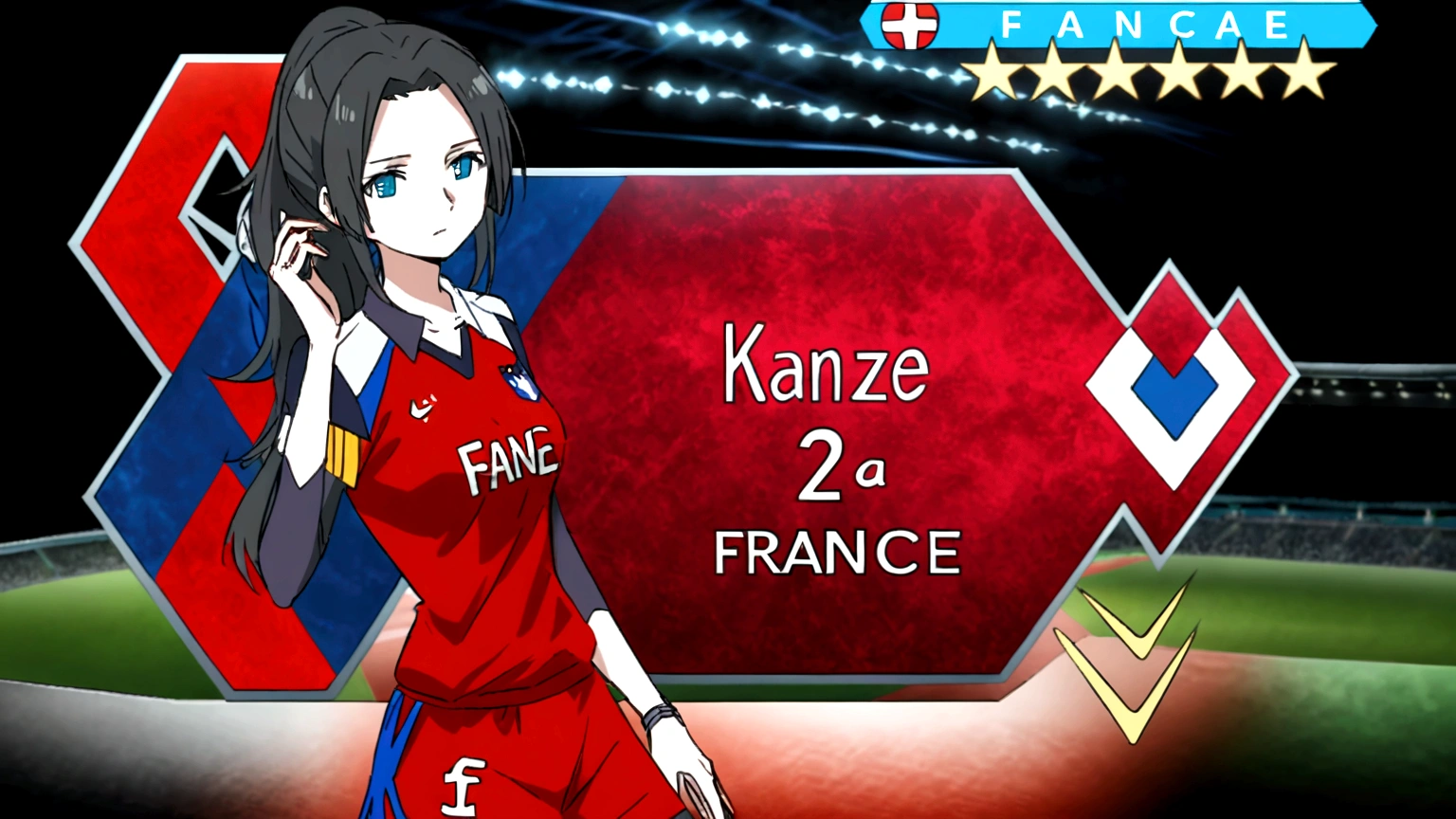 (anime,2D)Women,soccer player,black fur,wide,fringe,collected in a ponytail,clear skin,Light blue eyes,France national team clothing, In a soccer field.