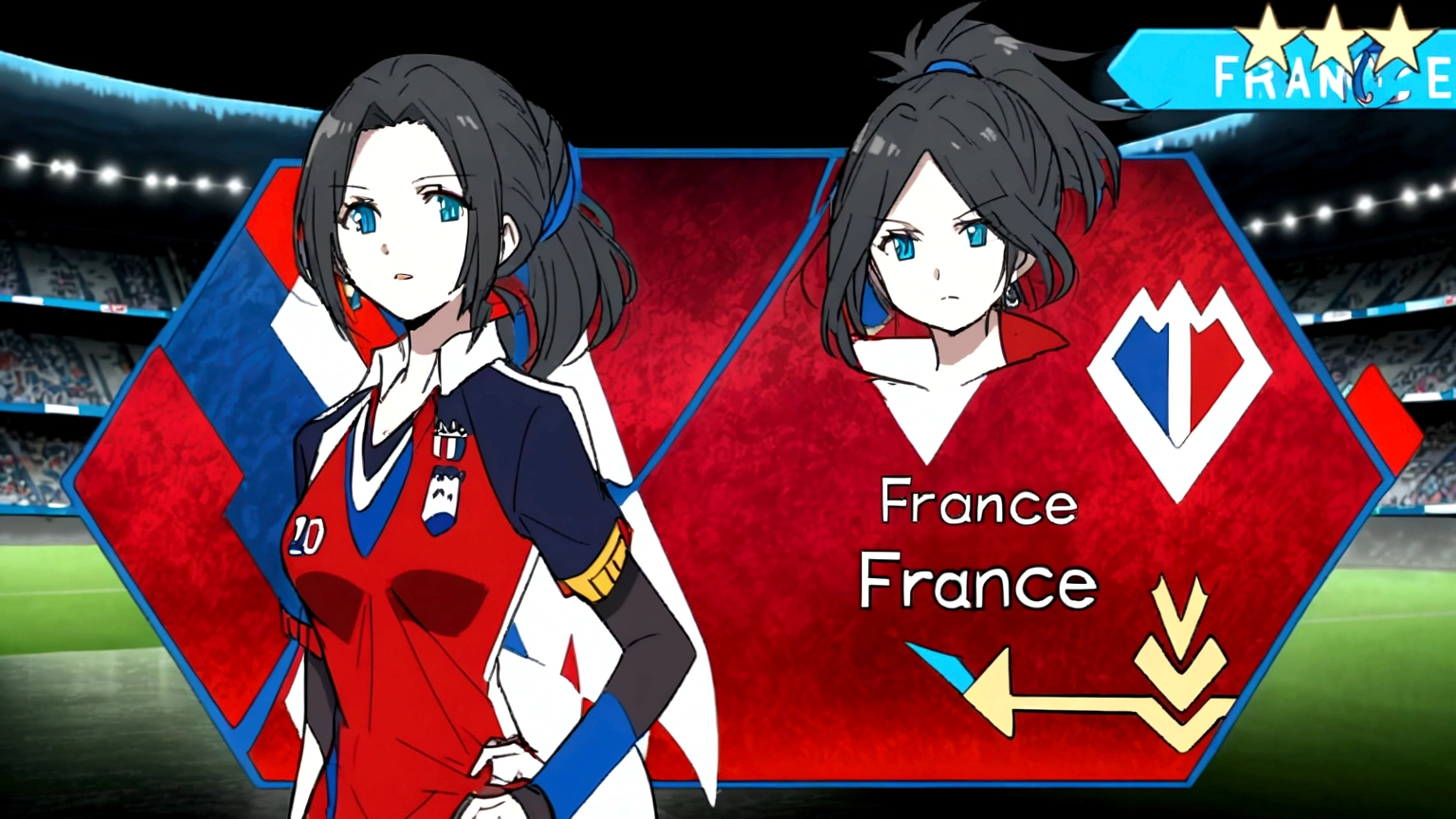 (anime,2D)Women,soccer player,black fur,wide,fringe,collected in a ponytail,clear skin,Light blue eyes,France national team clothing, In a soccer field.