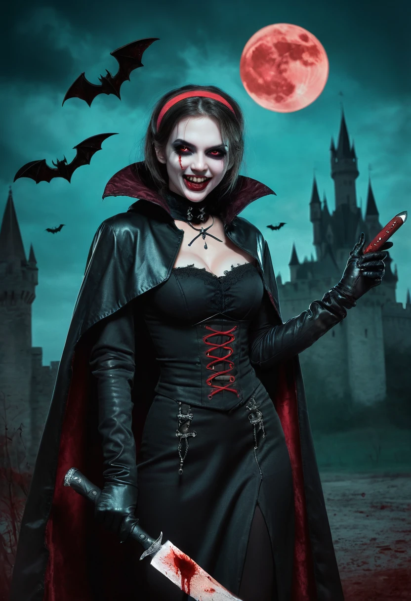 high qulity,tmasterpiece,A female vampire,face drawn and pale,Blood red eyes,fang,The mouth was covered in blood,Evil smile,Dressed in black vintage clothing,Headband cloak,black leather gloves,The left hand holds a bloody machete,The background is a spooky castle,Turquoise moon,the bats,Spooky atmosphere,Dark light,8K