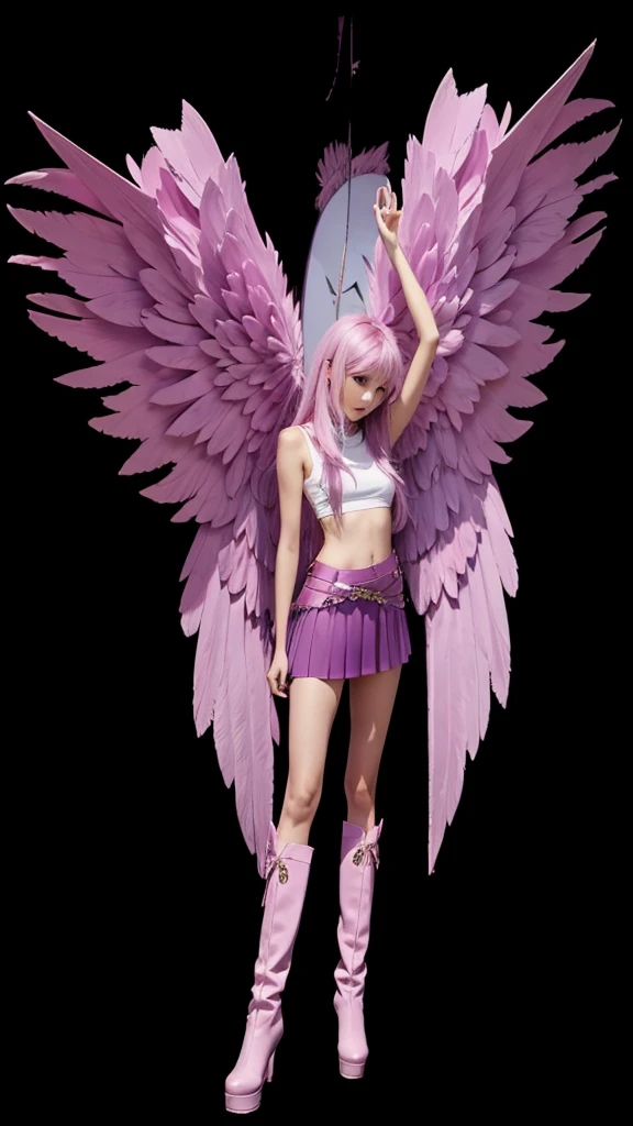 A beautiful thin girl with big wings Pink cropped Pink skirt Pink boots and long lilac hair.