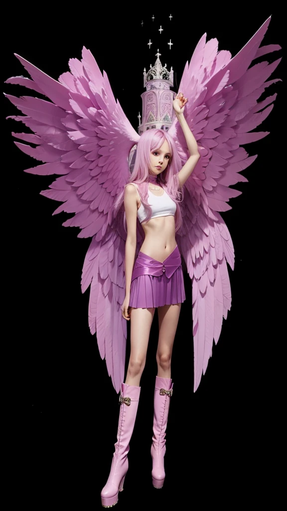 A beautiful thin girl with big wings Pink cropped Pink skirt Pink boots and long lilac hair.