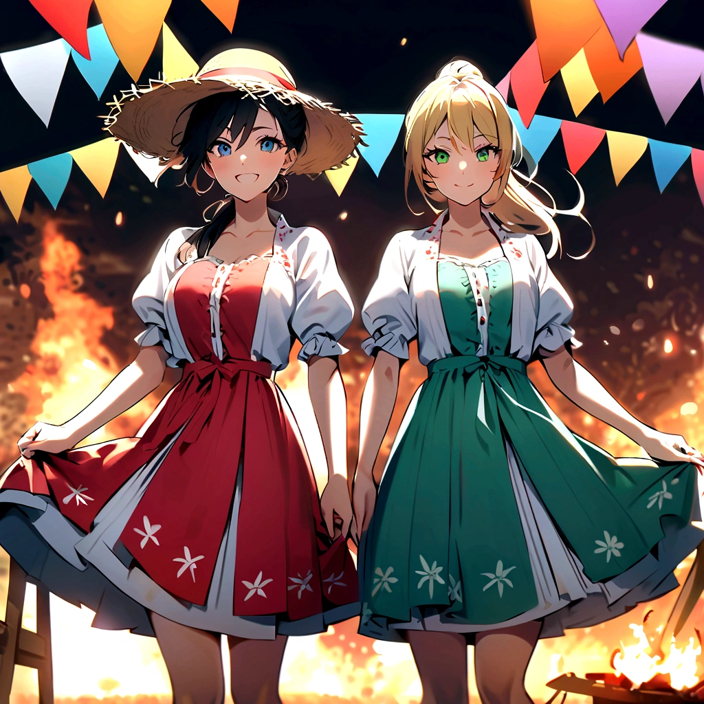 (german woman, age 25, green eyes detailed wavy blonde hair with ponytail , heartthrob style, Grinning, wearing a floral country dress with a straw hat with a scarf on the neck), beside (1womanl, japanese,18-years old, blue eyes, black hair, wearing a floral country dress with a straw hat) at a São João festival with colorful flags in a festival with a small bonfire