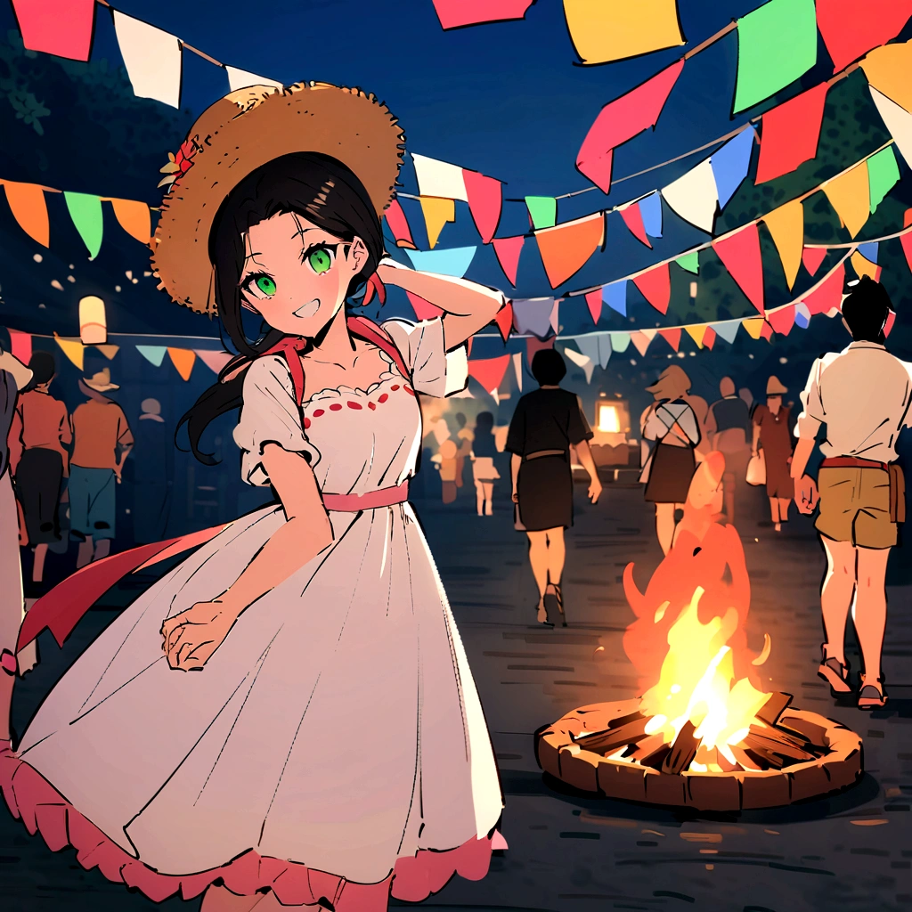(german woman, age 25, green eyes detailed wavy blonde hair with ponytail , heartthrob style, Grinning, wearing a floral country dress with a straw hat with a scarf on the neck), beside (1womanl, japanese,18-years old, blue eyes, black hair, wearing a floral country dress with a straw hat) at a São João festival with colorful flags in a festival with a small bonfire