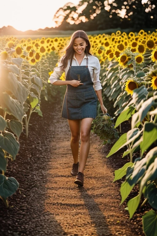 Wide Shot, golden hour, (Scarlett Emerson picking herbs, joyful expression), warm, soft lighting, (in a lush garden kitchen, stone pathways, sunflowers), (35mm lens, Canon EOS R5, rich details, professional, environmental photography, trending on Instagram), by Ansel Adams and Alex Webb and Annie Leibovitz