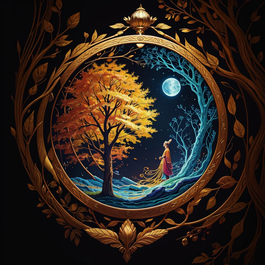 circular tree,four seasons,spring,summer,autumn,winter,leaves,roots,branches,trunk,ornate border,decorative,digital illustration,artwork,movement,time,swirling background,dark background,vibrant colors,natural,life cycle,growth,change,nature,life,peace,harmony,spirituality,symbolism,digital art,illustration,painting,graphic design,art,design,digital media,online art,visual art,fine art,fantasy