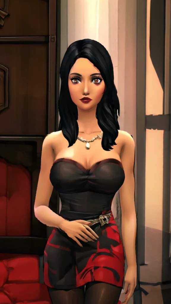 <lora:Bella_Goth_Sims4-KK77-V1:1> 1girl, Bella Goth, Sims 4, black hair, long hair, tan, red dress, masterpiece, best quality, extremely detailed, highly quality, 4k, sharp focus, professional, sharp focus, award winning, cinematic lighting, octane render, unreal engine, volumetrics dtx, Wallpaper,