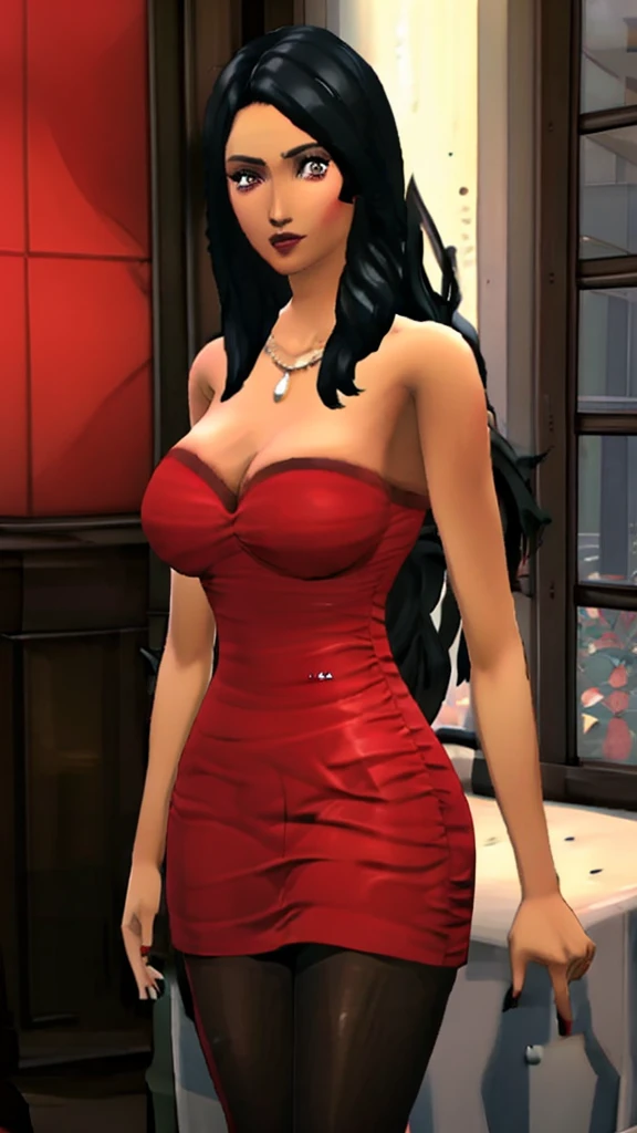 1girl, milf, large face, red eyes, long hair, forehead, black hair, straight hair, black choker, huge breast, red dress, lipstick thicc legs, pantyhose, cowboy shot, bella goth