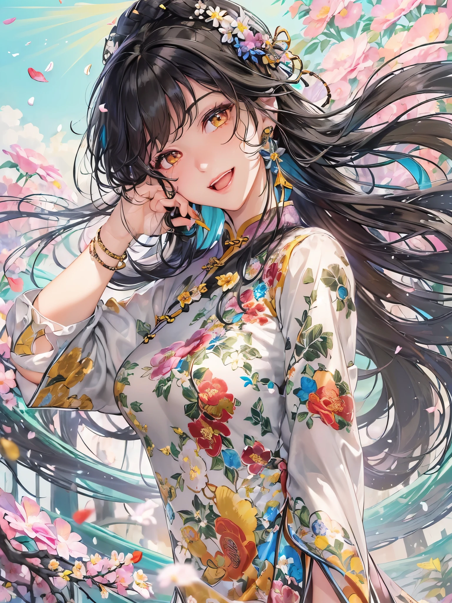 ((Highest quality)),(Ultra-high resolution),(Ultra-detailed new),(Detailed Description),((The best CG)),(masterpiece),Highly detailed art,A wonderful new art form,(Art with precise details:1.5), (Lady:1.4),(A colorful and detailed Chinese dress:1.7),(Beautiful and well-proportioned face:1.6),(Smile:1.4),(Shiny black hair:1.9),(Intricately detailed and shiny ornaments:1.4),(Taoyaka:1.5),(Supple:1.5), (Colorful flowers々:1.7), (The wind blowing through:1.5), (Gentle sunlight:1.6), Fantasy:1.6,