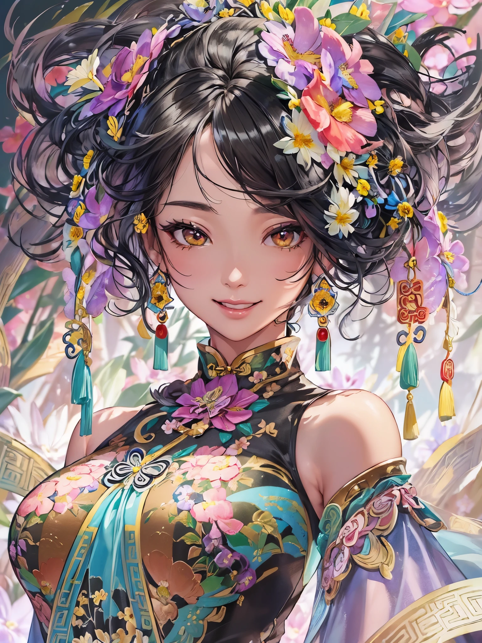 ((Highest quality)),(Ultra-high resolution),(Ultra-detailed new),(Detailed Description),((The best CG)),(masterpiece),Highly detailed art,A wonderful new art form,(Art with precise details:1.5), (Lady:1.4),(A colorful and detailed Chinese dress:1.7),(Beautiful and well-proportioned face:1.6),(Smile:1.4),(Shiny black hair:1.9),(Intricately detailed and shiny ornaments:1.4),(Taoyaka:1.5),(Supple:1.5), (Colorful flowers々:1.7), (The wind blowing through:1.5), (Gentle sunlight:1.6), Fantasy:1.6,
