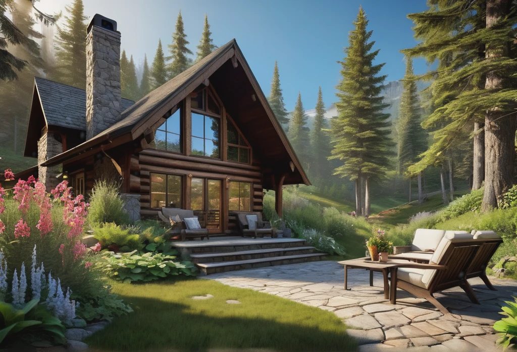 (best quality,4k,8k,highres,masterpiece:1.2),ultra-detailed,(realistic,photorealistic,photo-realistic:1.37),Mountain Cabin,cozy cabin,wooden cabin surrounded by mountains,serene atmosphere,great attention to detail,peaceful setting,panoramic view of the mountains and forest,secluded location,large windows with breathtaking views,quaint and rustic design,smoke coming out of the chimney,warm and inviting ambiance,crackling fireplace,comfy furniture,soft and warm lighting,tranquil colors,natural materials,wood paneling,beautifully landscaped garden with colorful flowers and plants,clear blue sky,fresh air,gentle breeze,rustling leaves,quietude and serenity,hiking trails,nature exploration,adventure,hideaway,escape from the busy city life,perfect place for relaxation and meditation.
