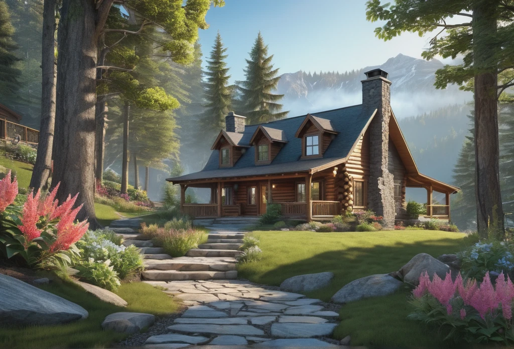 (best quality,4k,8k,highres,masterpiece:1.2),ultra-detailed,(realistic,photorealistic,photo-realistic:1.37),Mountain Cabin,cozy cabin,wooden cabin surrounded by mountains,serene atmosphere,great attention to detail,peaceful setting,panoramic view of the mountains and forest,secluded location,large windows with breathtaking views,quaint and rustic design,smoke coming out of the chimney,warm and inviting ambiance,crackling fireplace,comfy furniture,soft and warm lighting,tranquil colors,natural materials,wood paneling,beautifully landscaped garden with colorful flowers and plants,clear blue sky,fresh air,gentle breeze,rustling leaves,quietude and serenity,hiking trails,nature exploration,adventure,hideaway,escape from the busy city life,perfect place for relaxation and meditation.