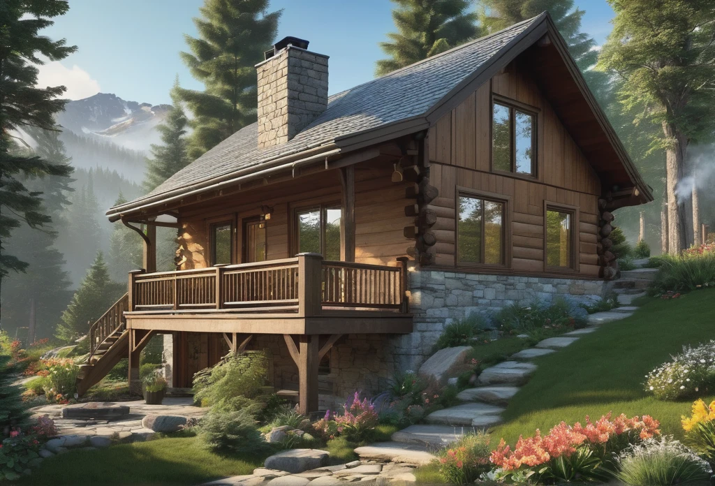 (best quality,4k,8k,highres,masterpiece:1.2),ultra-detailed,(realistic,photorealistic,photo-realistic:1.37),Mountain Cabin,cozy cabin,wooden cabin surrounded by mountains,serene atmosphere,great attention to detail,peaceful setting,panoramic view of the mountains and forest,secluded location,large windows with breathtaking views,quaint and rustic design,smoke coming out of the chimney,warm and inviting ambiance,crackling fireplace,comfy furniture,soft and warm lighting,tranquil colors,natural materials,wood paneling,beautifully landscaped garden with colorful flowers and plants,clear blue sky,fresh air,gentle breeze,rustling leaves,quietude and serenity,hiking trails,nature exploration,adventure,hideaway,escape from the busy city life,perfect place for relaxation and meditation.