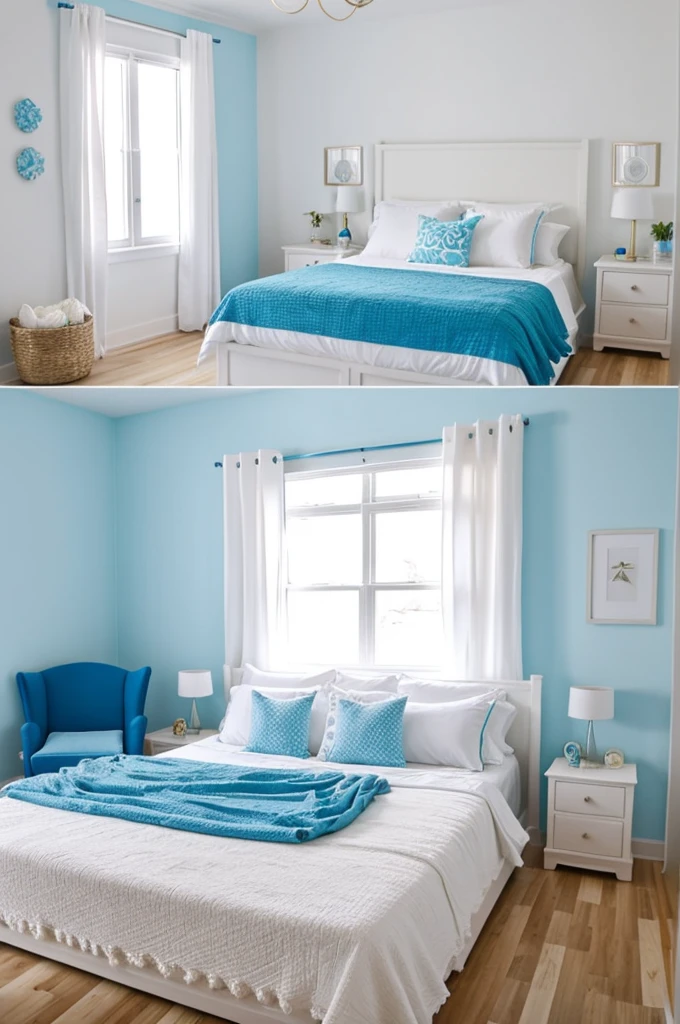 Bedroom painted white with electric blue