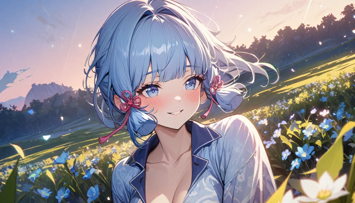 ayaka genshin impact, beautiful girl, long blue hair, beautiful face,smiling,close up to hips, beautiful breast, in the middle of flowers field, (open mouth:0.4),illustration,detailed textures(realists),ultra-detailed,portrait style,vivid colors,soft lighting, blushing, mature, hair fluttering, evening light, ((half body)), no bra, wearing casual pajamas, perky. ((side profile until hips))