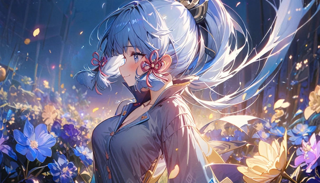 ayaka genshin impact, beautiful girl, long blue hair, beautiful face,smiling,close up to hips, beautiful breast, in the middle of flowers field, (open mouth:0.4),illustration,detailed textures(realists),ultra-detailed,portrait style,vivid colors,soft lighting, blushing, mature, hair fluttering, evening light, ((half body)), no bra, wearing casual pajamas, perky. ((side profile until hips))