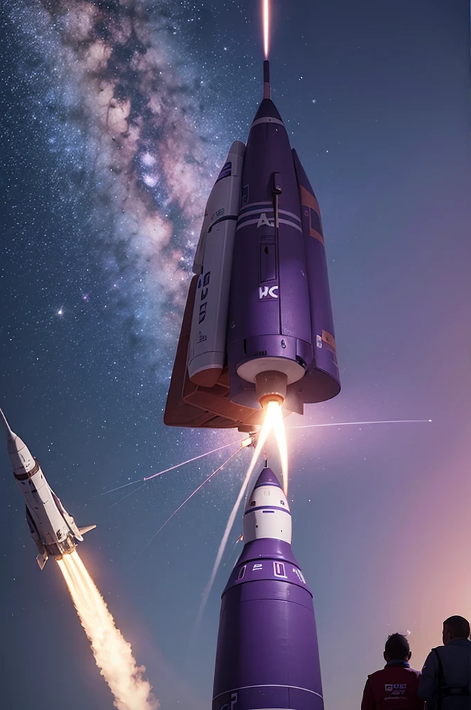 a rocket flying over a purple themed space and an astronaut separated from the rocket (just a rocket and a man uniformed astronaut)